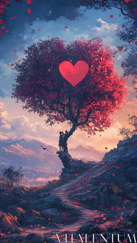 Heart-Shaped Tree with Red Foliage Against Sunset Landscape