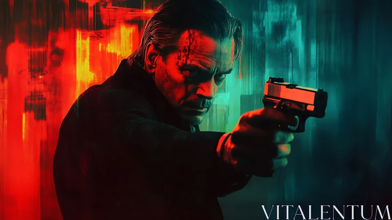 Neon gunman framed in furious red and frozen teal light.