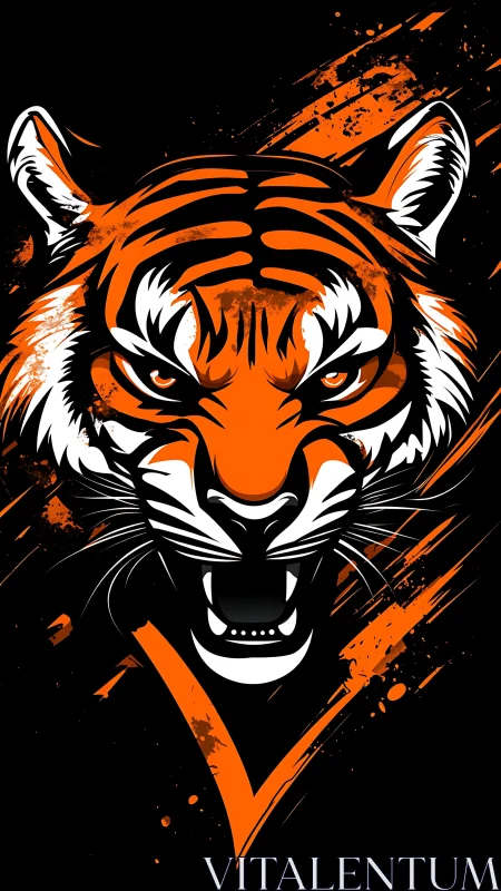 Roaring tiger head explodes in orange splatter strokes.