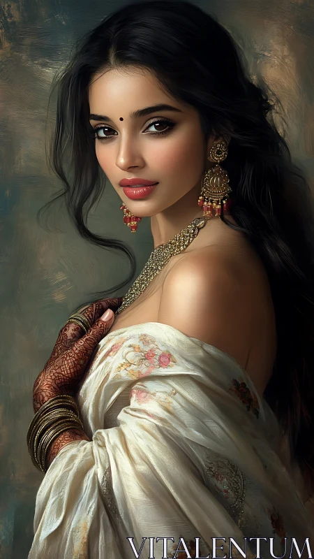 Graceful Indian portrait in ornate sari and soft chiaroscuro.