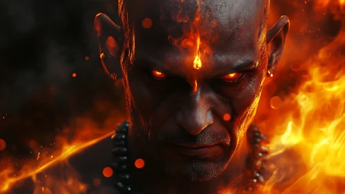 Infernal warrior portrait framed by dynamic swirling flames.