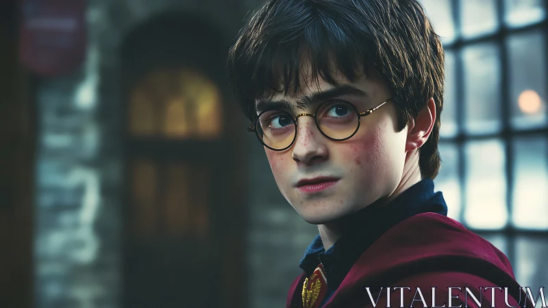 Young wizard in crimson cloak gazes ahead with quiet resolve