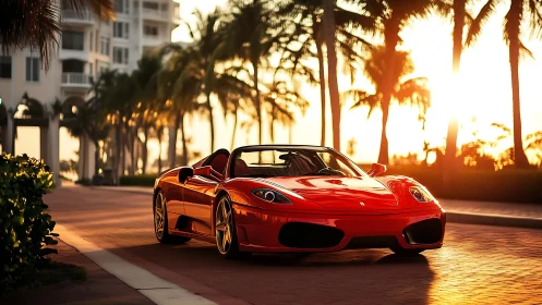Red performance roadster under coastal sunset illumination.