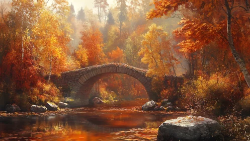 Stone arch bridge spans reflective autumn forest river in haze