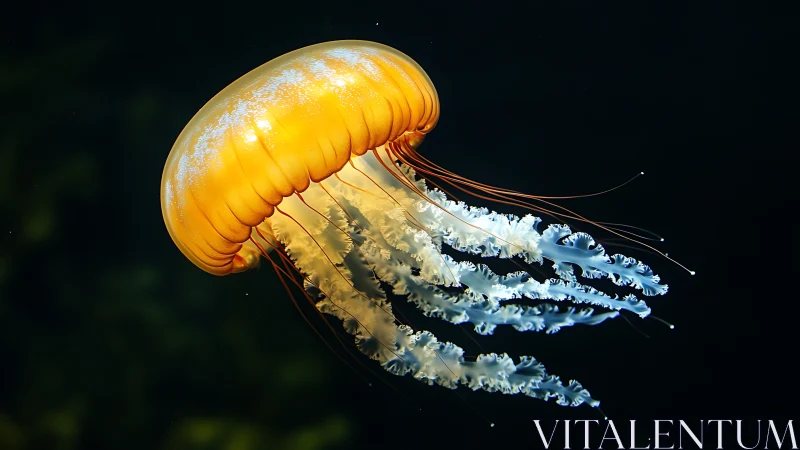Golden jellyfish drifts through dark ocean water gracefully.
