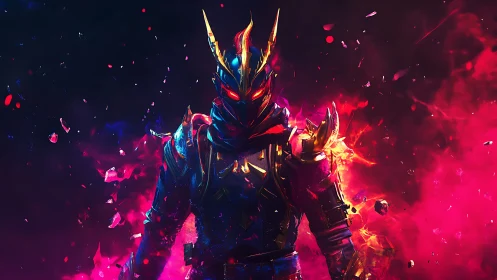 Inferno-clad cyber knight strides through shattering starlight.