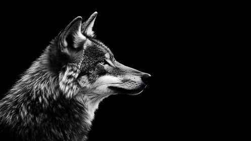Side profile of wolf in monochrome on black background.