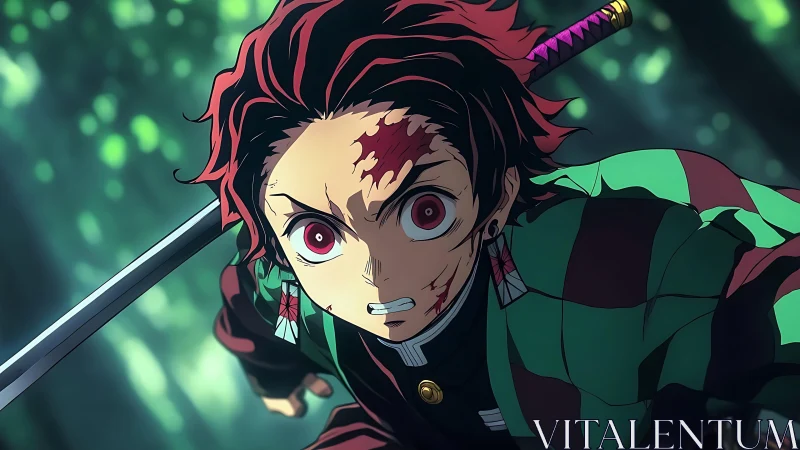 Determined anime swordsman dashing through sunlit forest.