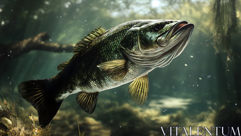 Photorealistic largemouth bass rendered in dynamic mid-swim