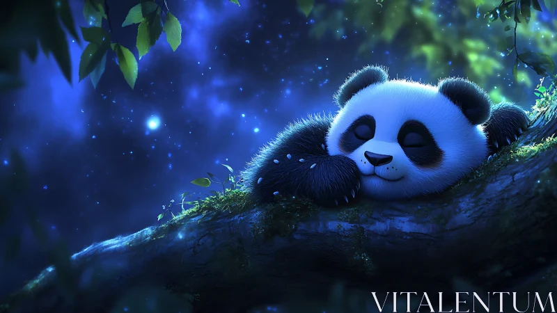 Sleepy cartoon panda resting on moonlit forest branch.