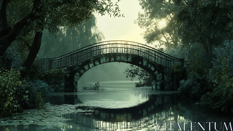 Misty stone bridge over tranquil forest river at dawn.