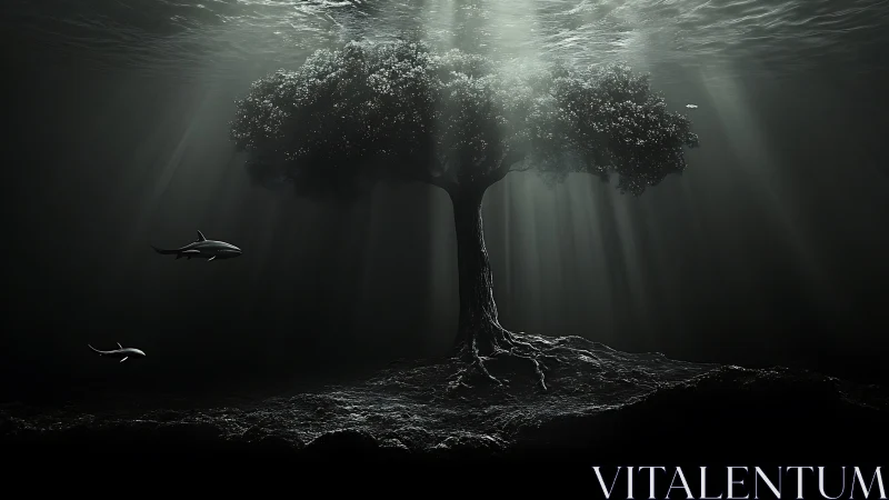 Submerged tree of light beneath tranquil ocean depths.