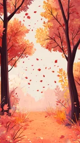 Autumn Forest Corridor with Falling Leaves and Atmospheric Depth Rendering