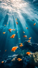 Sunlit tropical reef with orange fish schooling in blue water