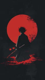 Backlit samurai silhouette before distressed red sun circle