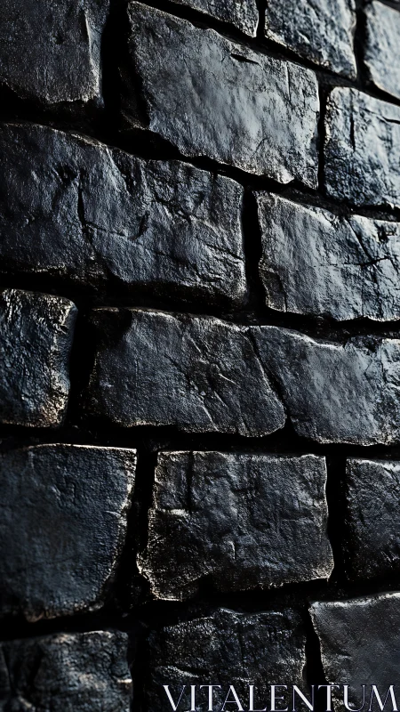 Wet dark basalt brick wall with directional low-key lighting