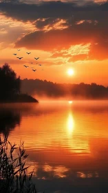 Sunset over calm lake with birds in orange misty sky.