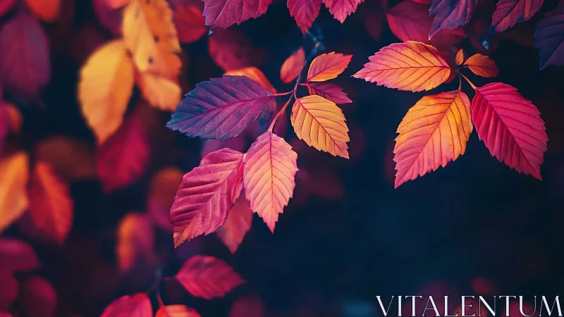 Color graded photograph shows autumn leaves in shallow focus