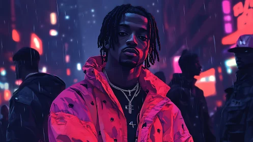 Neon rain crowns the street poet in electric magenta armor