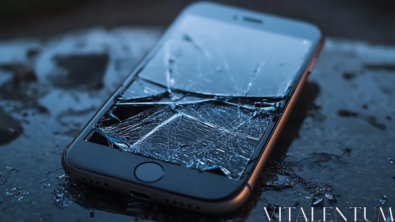 Shattered smartphone lies on wet pavement after impact.