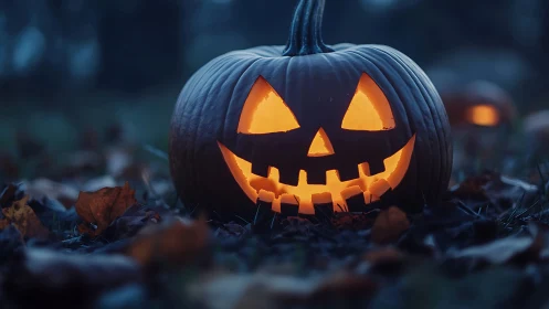Jack-o-lantern grins wide while dusk folds around its glow