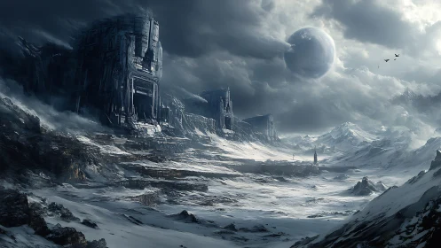 Frozen exoplanet valley with cyclopean ruins and distant moon