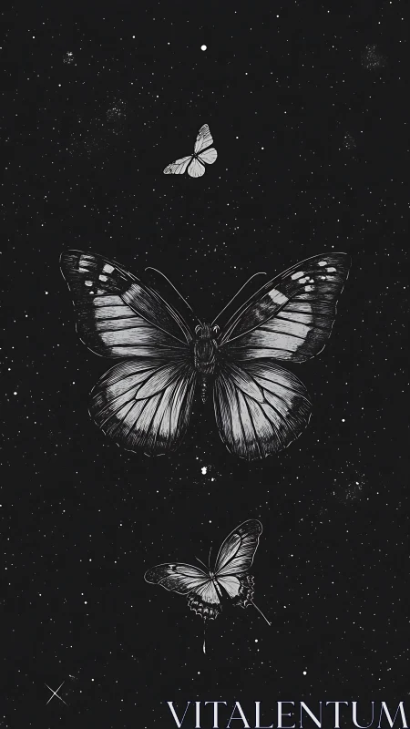 Celestial monochrome butterflies drifting through starfield.