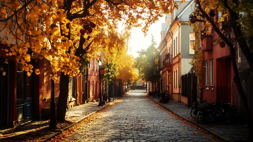 Sunlit cobblestone street lined with colorful autumn trees.