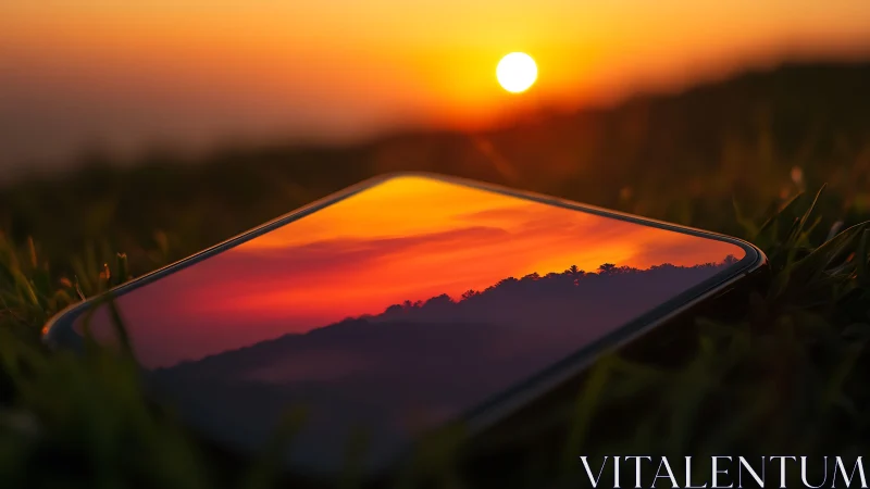 Smartphone screen reflecting vivid orange sunset sky.