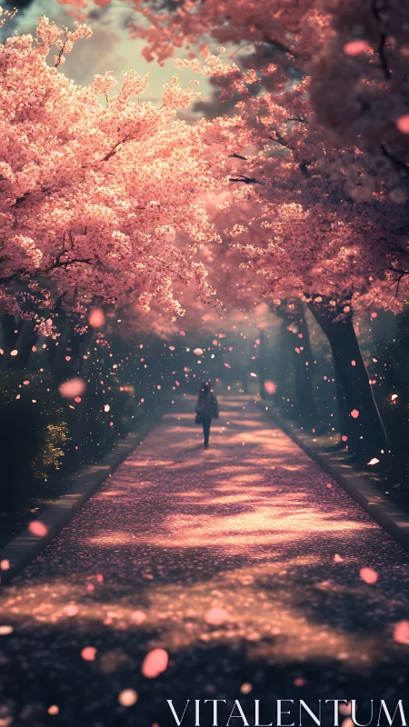 Solitary figure walks under luminous cherry blossom tunnel