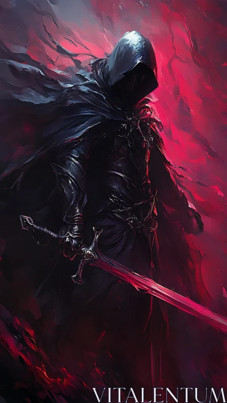Spectral swordsman in crimson energy vortex, cloaked and armored.