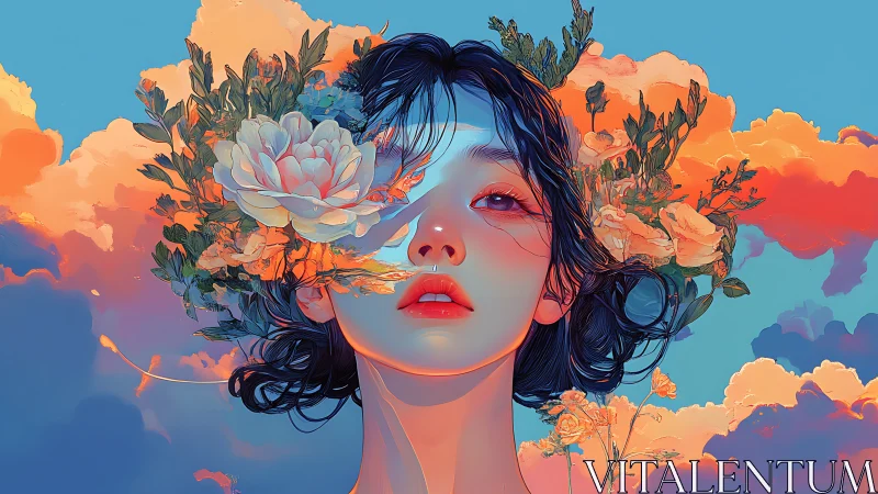 Female portrait integrates floral elements against stylized sky