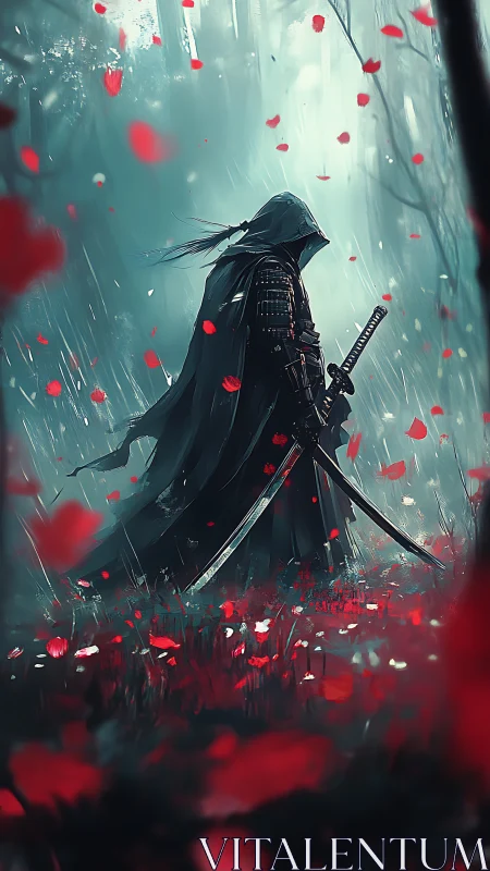Hooded swordsman in forest clearing with red petals falling.