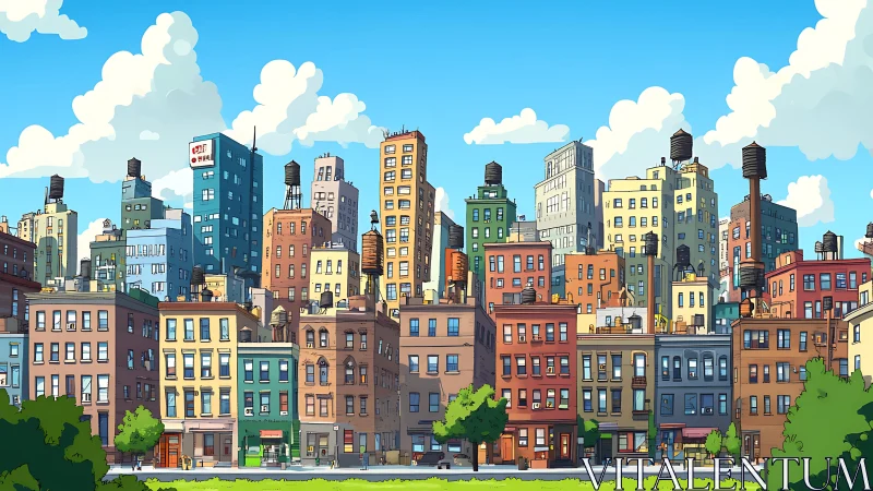 Midday city skyline with dense low-rise and high-rise blocks.