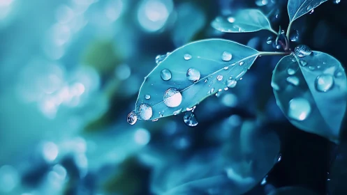 Close-up of wet leaves with water droplets in cool light.