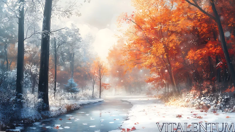 Frozen Forest Stream with Autumn Trees.