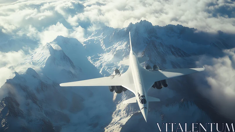 Silver supersonic arrow glides above stormy mountain crowns