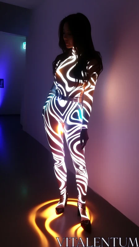 Silhouetted model in neon projection-mapped bodysuit glow.