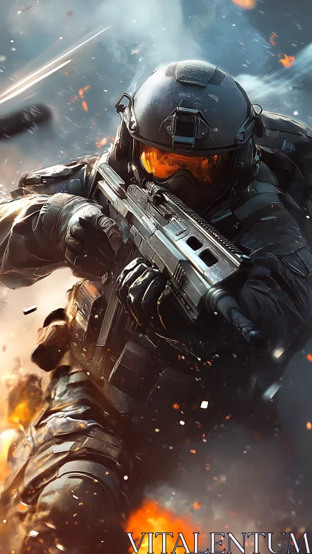 Futuristic soldier charging through sparks and swirling fire.