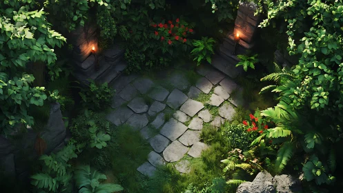 Hidden jungle courtyard glows with quiet torchlit magic.