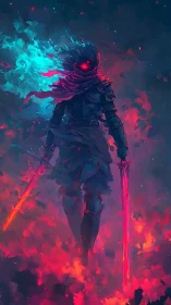 Shadowy flame warrior strides through swirling neon fire