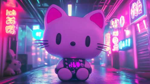 Neon-lit chibi cat figurine in cyberpunk alleyway environment.