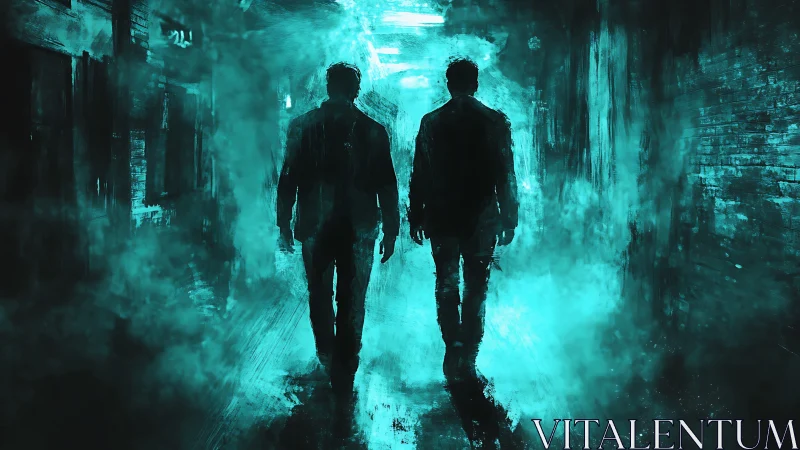 Two silhouettes crossing neon alley in cyan misted haze.