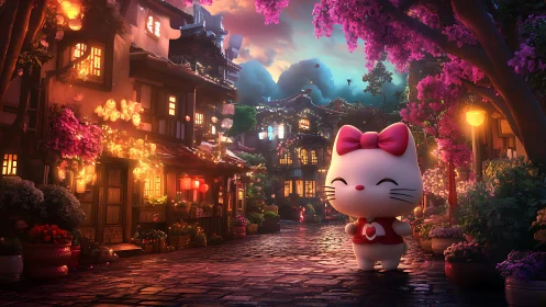 Cartoon cat character stands in lantern lit village street