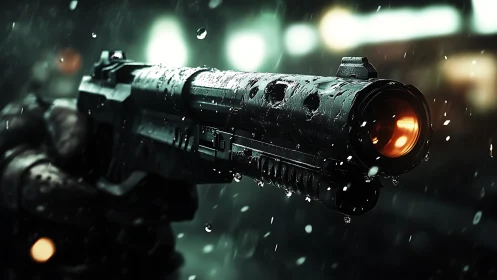 Futuristic handgun close-up under rain in low light.