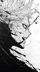 Monochrome anime profile erupts in splattered inky fury