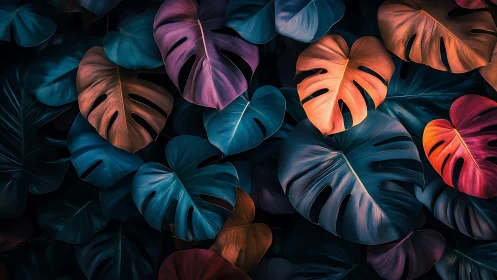 Luminous tropical leaves glowing in rich twilight colors.