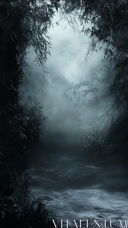 Dense fog over shaded forest path with overhanging foliage.