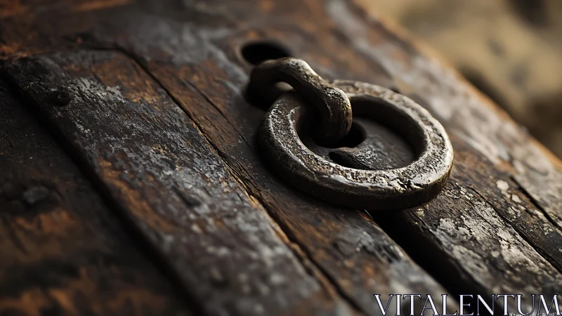 Weathered iron ring latch on rustic wooden surface in macro focus