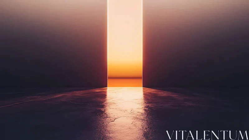 Sunset horizon framed by monumental walls and reflective floor.